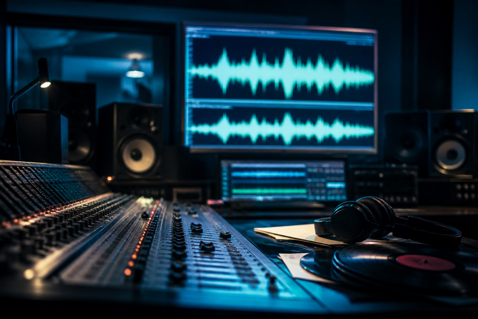 Recording studio with teal waveform light for global music promotion
