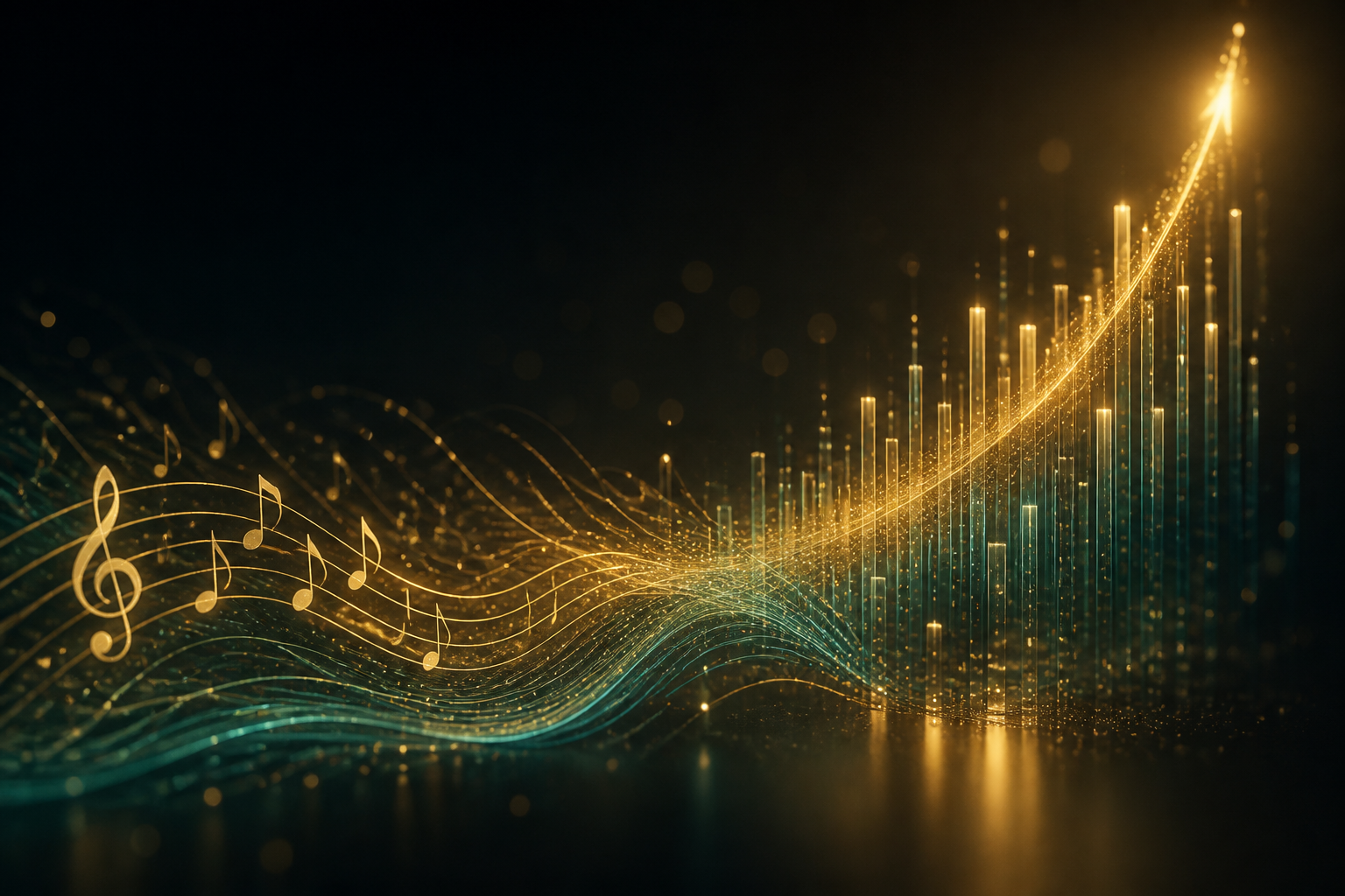 Abstract teal and gold light forming music and value
